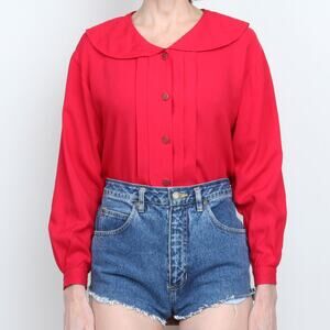Vintage 90s Red Peter Pan Collar Pleated Blouse